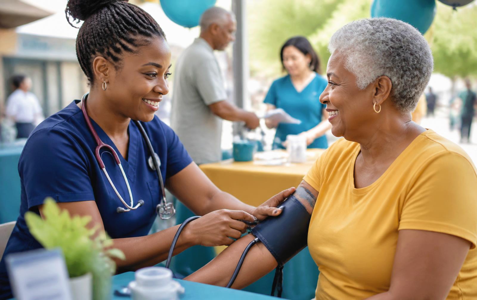 A community health worker checking a resident's blood pressure at a neighborhood health event