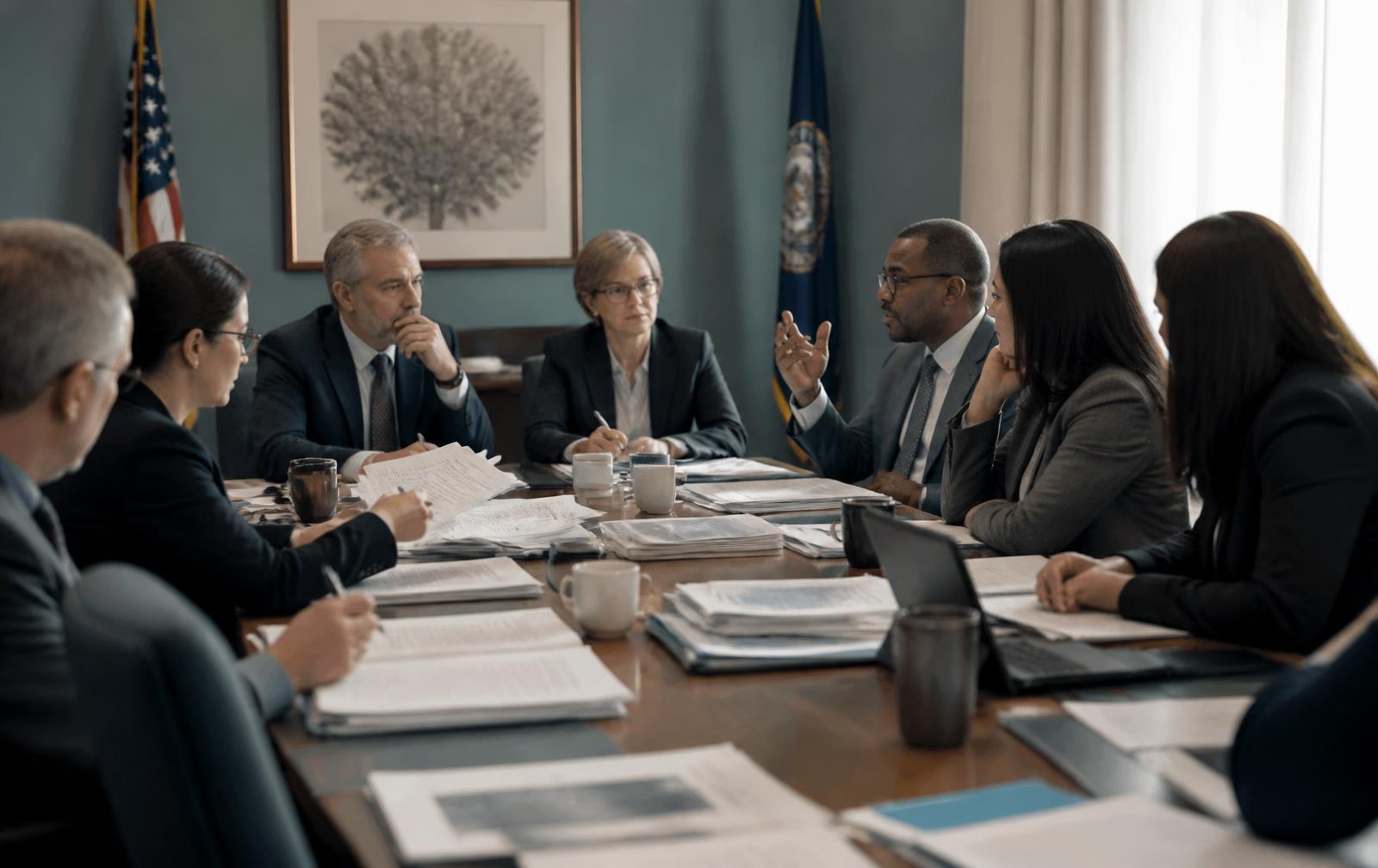 Public agency leaders reviewing healthcare program documents around a conference table
